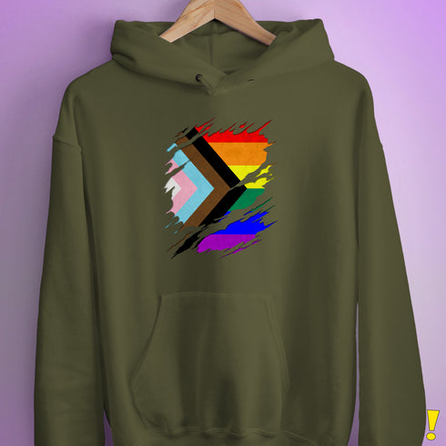 LGBTQ Progress Pride Flag Ripped Reveal Hoodie - Army